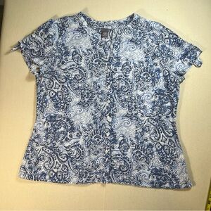 Karen Scott Blue White Paisley Button Up Short Sleeve Shirt Women Size XL
